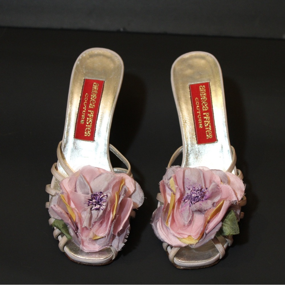 Andrea Pfister Couture Silk Floral Levander Strappy Women's Shoes Sz 5.5